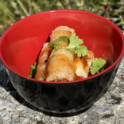 Des nems dorés dans un bol rouge, avec de la coriandre et un filet de sauce.