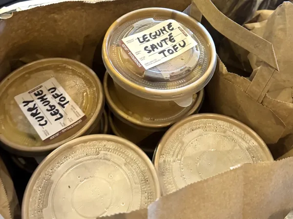 Des pots individuels couverts, rangés dans un sac isotherme, avec leurs étiquettes écrites à la main : curry légume tofu et légume sauté tofu.