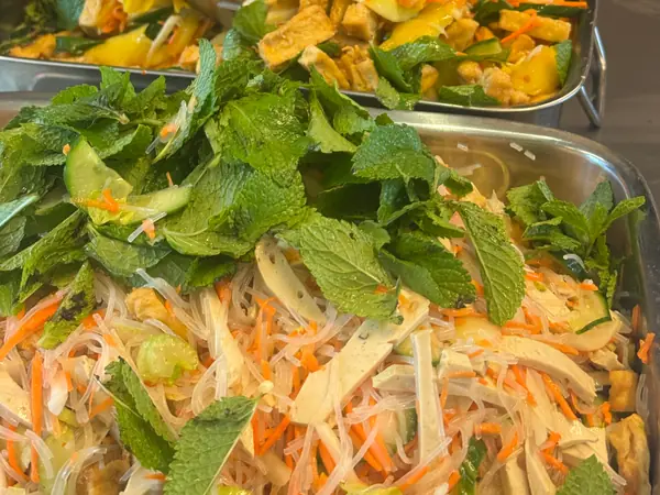 Gros plan d'une salade de vermicelles, carottes, concombre et menthe fraîche.